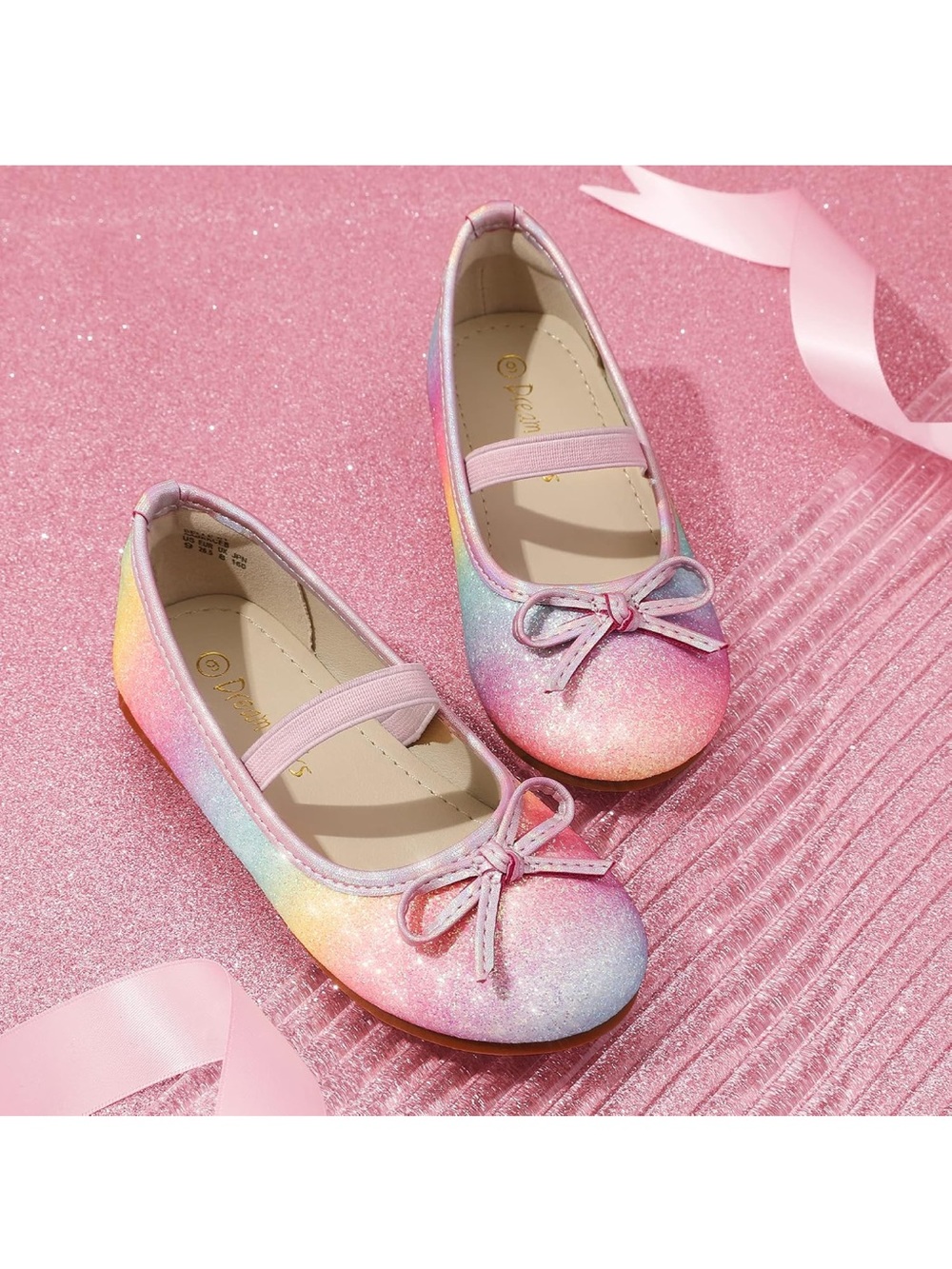 Girls' Rainbow Glitter Mary Jane Flats with Bow - Pink